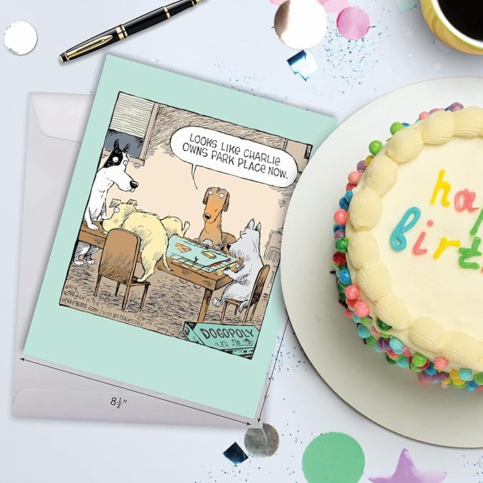 NobleWorks - 1 Big Funny Birthday Card Cartoon (8.5 x 11 Inch) - Jumbo Dog Comic Humor, Group Greeting Card with Envelope - Dogopoly J3986BDG