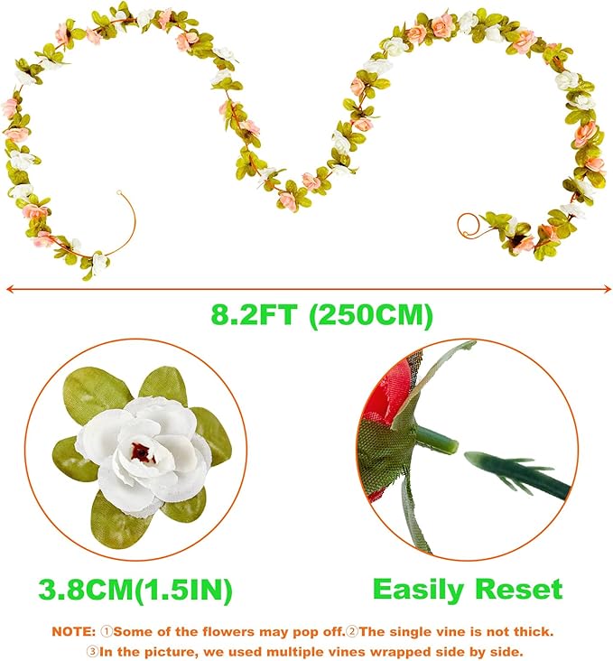 8 Pcs x 8.2 ft Flower Garland Artificial Rose Vine Flowers with Green Leaves Hanging Fake Roses Vine for Room Party Home Wedding Birthday Christmas Wall Arch Decor, Fall Champagne Flower