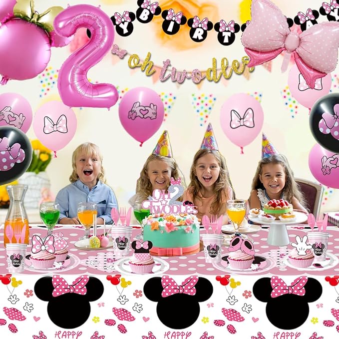Pink Mouse 2nd Birthday Party Supplies, Oh Twodles Girl Second Party Decorations Includes Happy Birthday Banner, Hanging Swirls, Tablecloth, Cake Cupcake Toppers, Bow Foil Balloon, Latex Balloons