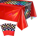 3Pack Iridescent Race Car Plastic Tablecloth, Disposable Shiny Laser Red and Black Checkered Table Cloth, Holographic Foil Rectangle Tablecloth for Race Car Boys Birthday Party Decorations, 54x108Inch