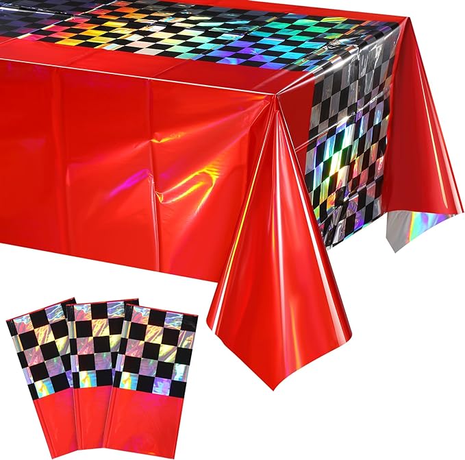 3Pack Iridescent Race Car Plastic Tablecloth, Disposable Shiny Laser Red and Black Checkered Table Cloth, Holographic Foil Rectangle Tablecloth for Race Car Boys Birthday Party Decorations, 54x108Inch