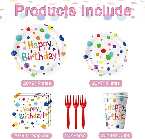 100pcs Happy Birthday Party Supplies, Colorful Happy Birthday Decorations, Includes Plates, Napkins, Cups, Forks Tableware Set for 20 Guests