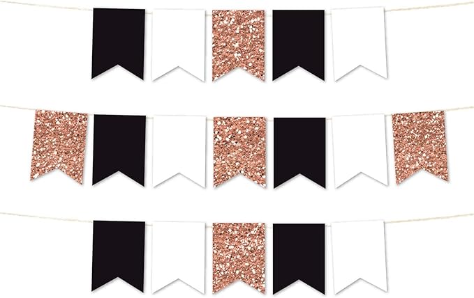 Andaz Press Hanging Pennant Banner with String, Faux Rose Gold Glitter, White, Black, 1-Set, 24 Pennants, Approx. 12-Feet Long, Girl's 1st Birthday Baptism Communion Theme Colored Supplies
