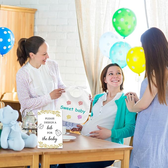 Panitay 43 Pcs Baby Shower Games White Bibs Design, Include Wooden Baby Shower Game Sign, 30 DIY Blank White Bibs, 12 Markers for Gender Reveal Party Decorating Supplies(Golden Leaf)