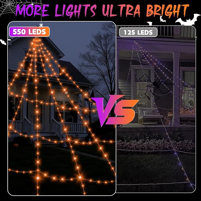 Halloween Decorations Outdoor Spider Web Lights - 550 LEDs Purple and Orange Remote Control Timer Plug in Giant Halloween Decor Cobwebs - 11 Modes Lighting Waterproof Yard Garden Party Decorations