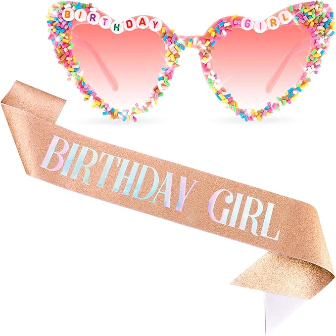 Birthday Girl Sash, Birthday Sash for Girls and Women with Birthdays Glasses Glitter Pink Birth day Decorations for Women Happy Birth day Sash for Birthday Party Supplies