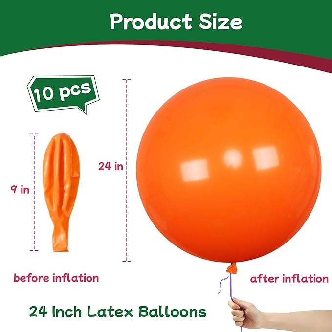 AZOWA 24 Inch Orange Balloon 10 Large Latex Balloons for Party Wedding Birthday Baby Shower Decoration (Orange, 10 Pcs)