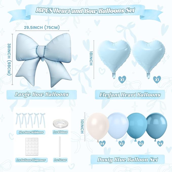 Paready Baby Blue Heart Balloon, 38 Inch Bow Balloons, Pearl Sand White Dusty Blue Latex Balloons and Bow Heart Shaped Foil Balloon for Boys Birthday Wedding Bridal Baby Boy Shower Valentine Decor