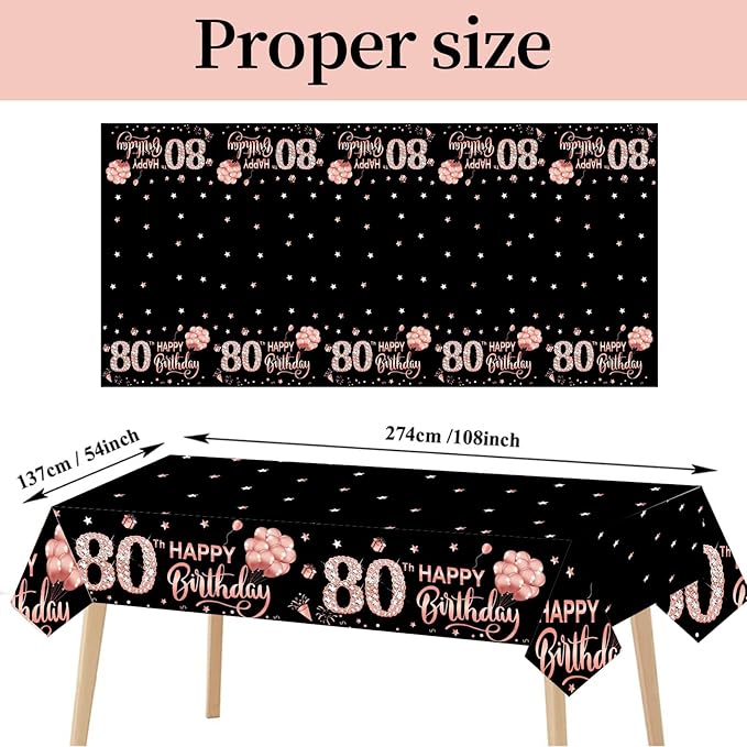 3 Pack Rose Gold 80th Birthday Tablecloth Decorations - Happy Eighty Birthday Theme Table Cover Party Supplies, Plastic Disposable Rectangular Table Cloth Decor