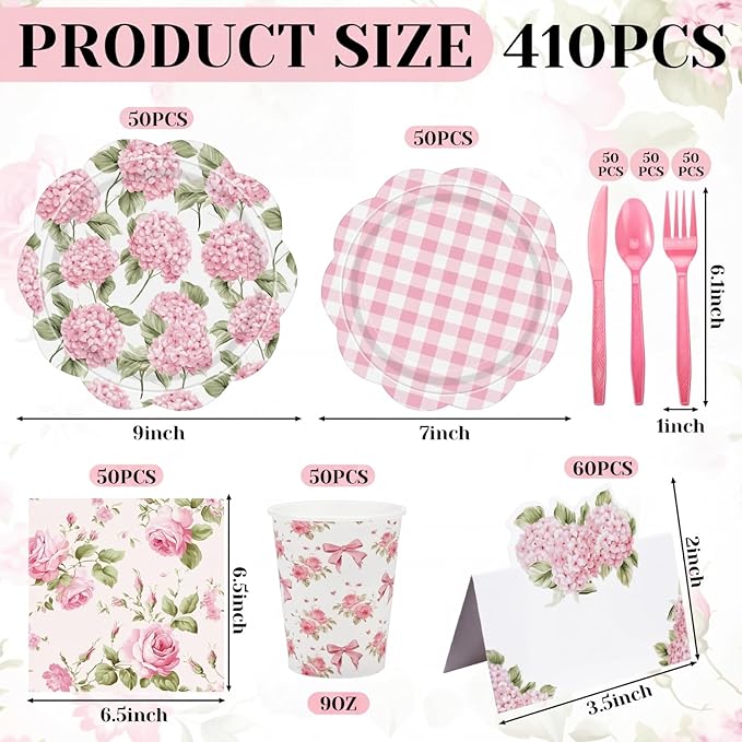 Shellwei 410 Pcs Pink Hydrangea Tea Party Decorations Elegant Floral Paper Plates and Napkins Set Disposable Party Tableware Sets with Cups Knives Forks Spoons Seat Card Favors for 50 Guests