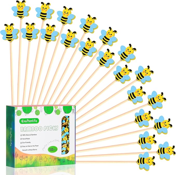 100Pcs Bee Cocktail Picks Cute Honeybee Theme Baby Shower Springtime Decor Long Toothpicks Fruit Sticks Skewers for Appetizer Charcuterie Food Garnish, Spring Decorations Themed Party Supplies