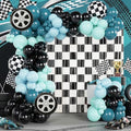 132Pcs Race Car Balloon Arch Garland Kit With Dusty Blue Teal Blue Black Checkered Wheel Balloons Checkered Fringe Curtain for Two Fast Theme Birthday Decorations, Fast One Party Backdrop