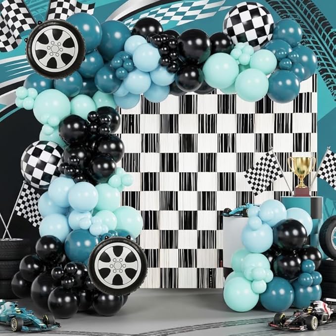 132Pcs Race Car Balloon Arch Garland Kit With Dusty Blue Teal Blue Black Checkered Wheel Balloons Checkered Fringe Curtain for Two Fast Theme Birthday Decorations, Fast One Party Backdrop