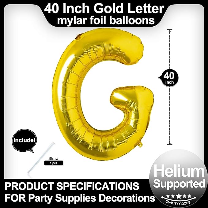 40 Inch Gold Letter G Balloons, DIY Phrase Foil Alphabet Letter G Balloons DIY Word G Banner for Birthday Anniversary Celebration Graduation Party Supplies Decoration