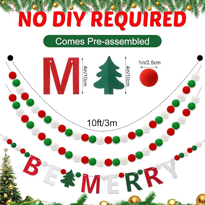 Breling 3 Pieces Christmas Felt Ball Garland 10ft Christmas Pompom Decorations Happy Holidays Banner Mantle Fireplace Room Xmas Party Hanging Decor (Red, Green, White)