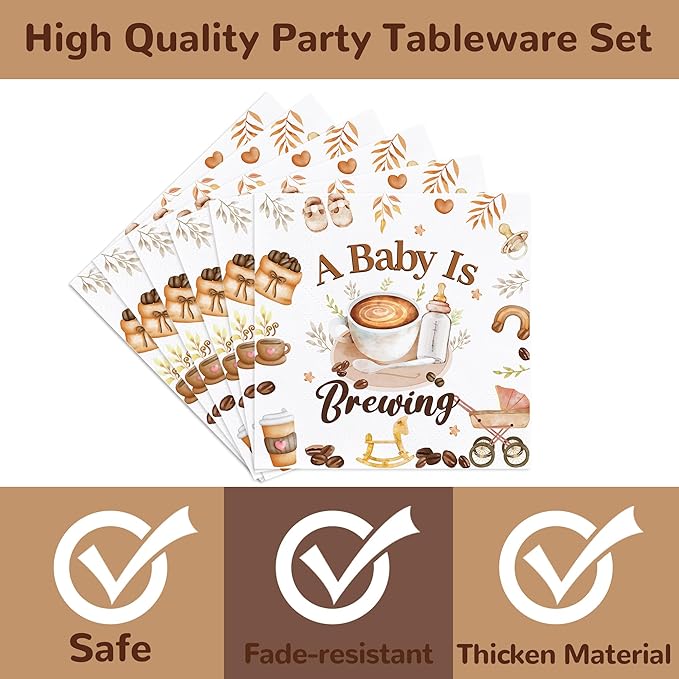 168PCS Coffee Baby Shower Party Supllies for Boys Girls A Baby Is Brewing Party Decorations Coffee Themed Tableware Plates Cups Napkins Cups Forks Knives and Straws Dinnerware for 24 Guests