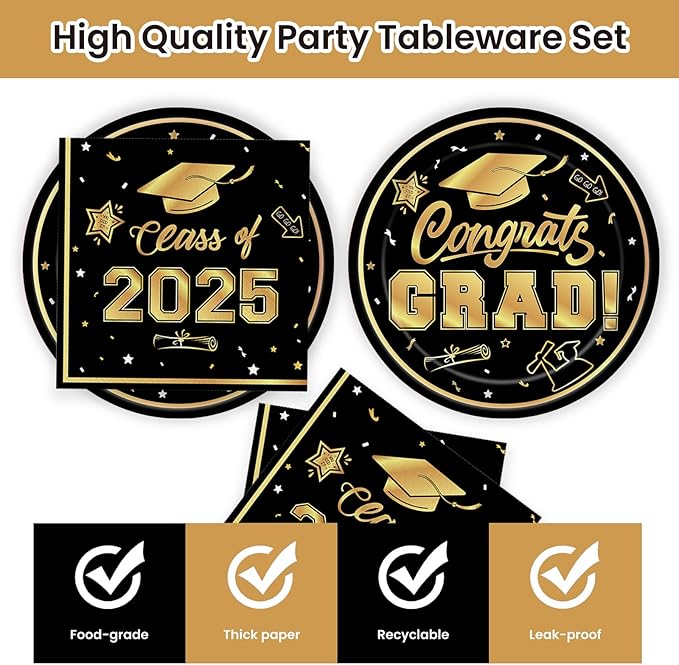 40Pcs Graduation Plates and Napkins 2025 Party Supplies, Class Of 2025 Disposable Black Gold Tableware Set for Congrats Grad Party Decorations (Graduation)