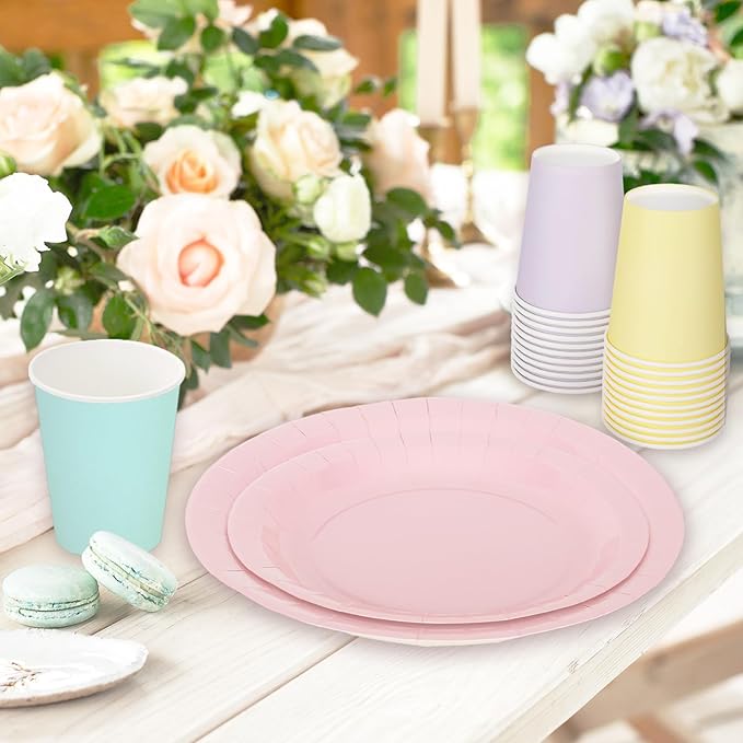 Whaline 244Pcs Pastel Rainbow Tableware Set Serves 48 4 Colors Disposable Dinnerware 48 9" Plates 48 7" Plate 48 9oz Cups 100 Napkins for Spring Easter Wedding Birthday Party Supplies