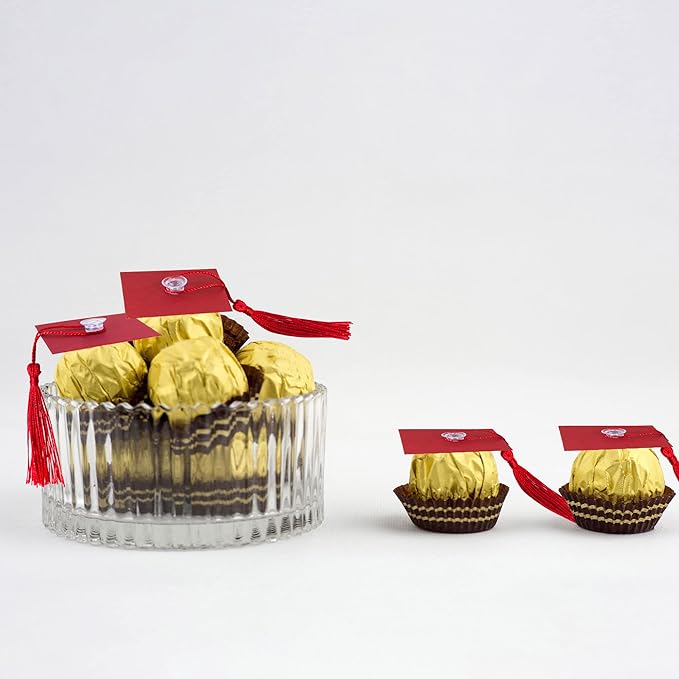 Gyufise 36Pcs Graduation Decorations 2026 Graduation Cap Cupcake Toppers Chocolate Decorations Mini Grad Cap Decor with Tassel Adhesive Dots for Class of 2026 Congrats Grad Wine Red