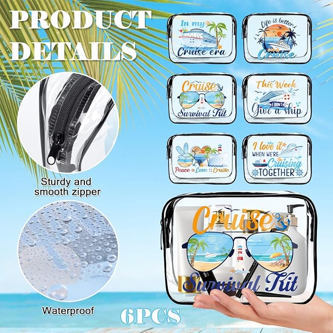 6PC Clear Cruise Makeup Bags Gifts for Women, Clear Beach Cosmetic Bag Cruise Ship Survival Kit Essentials, Travel PVC Waterproof Toiletry Bags for Girls Sister Daughter Nurse Teacher