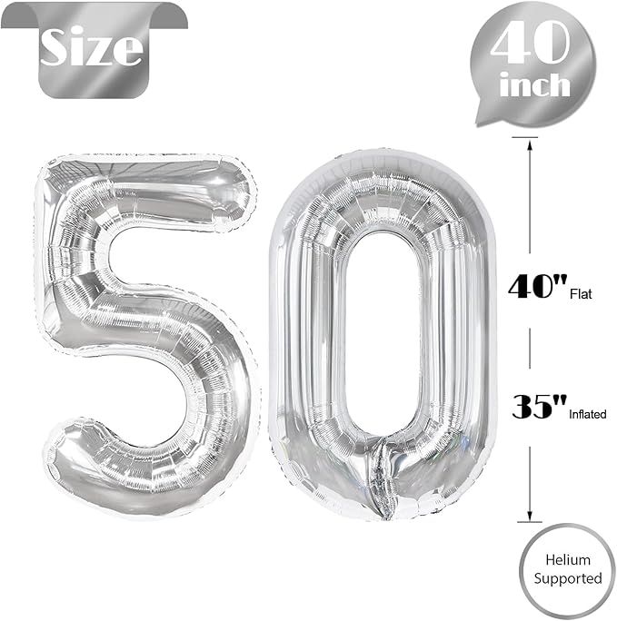 50 Balloon Number, Silver Number 50th Birthday Balloons 40 Inch, 50 Years Old Silver Birthday Decorations for Men Women, 50th Anniversary Decorations