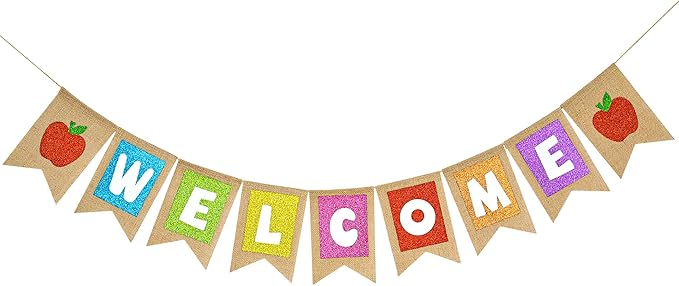 Welcome Burlap Banner Back to School Party Decorations Glitter Welcome Banner with Apple Sign - First Day of School Party Supplies for Classroom,Teacher,and Office Hanging Decor