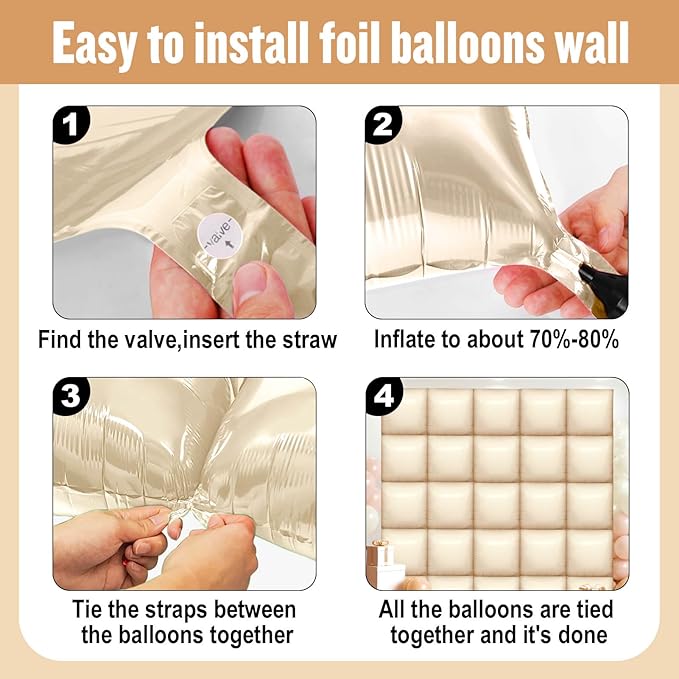 25Pcs Cream White Square Foil Balloons Wall Backdrop, Double Sided Metallic Foil Balloons Tunnel Arch Garland Kit for Photo Booth Birthday Wedding Graduation Halloween Party Decorations