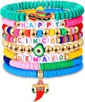 Surfer Heishi Bracelets for Women Stackable Rainbow Vinyl Disc Clay Beaded Stretch Bracelets Elastic Layering Friendship Bracelets Boho Summer Beach Jewelry