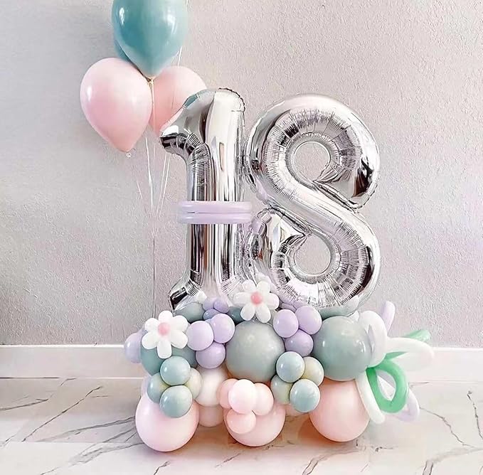 Large Silver 18 Number Balloons, 40 Inch Jumbo Number 18 Balloon, Silver Foil Mylar Balloons for Girl Sweet 18th Birthday Party, Anniversary Decorations