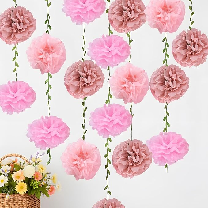 Pink Flower Garland for Backdrop - 2 Pcs Hanging Paper Flower Garlands for Wedding Arch Baby Shower Decor, 8.2 Ft Artificial Floral Vines for Living Room Wall Birihday Party Decoration