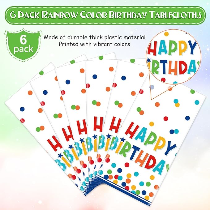 6 Pack Happy Birthday Plastic Tablecloth Decorations,Disposable Colorful Polka Dots Table Cloths,Rectangle Waterproof Table Cover for Girls Boys Birthday Baby Shower Party Decorations,54x108 Inch