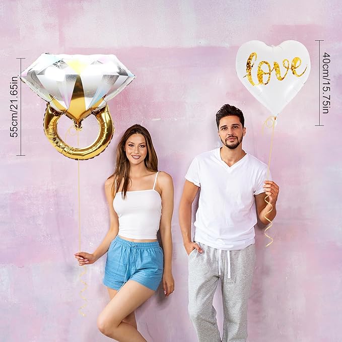 Engagement Party Decorations - Gold Engagement Congratulations Decor, HAPPY ENGAGEMENT Banner, Thickened ECO Ring Balloon Kit with Photo Timeline Banner, Heart Streamers Garlands
