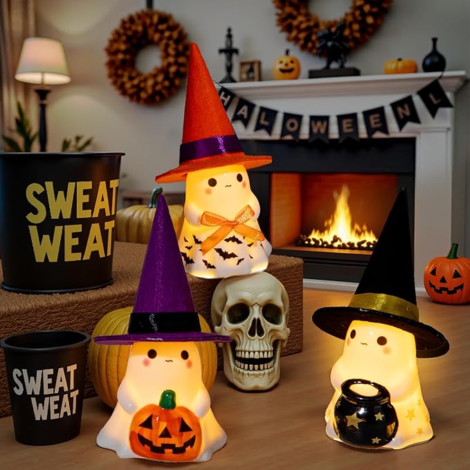 Halloween Decorations Indoor,3Pcs Cute Spooky Ceramic Ghost Halloween Decorations,Ghost Figurines with Hats - Adorable Tabletop Decor for Mantel,Party, Home, Porch Decor