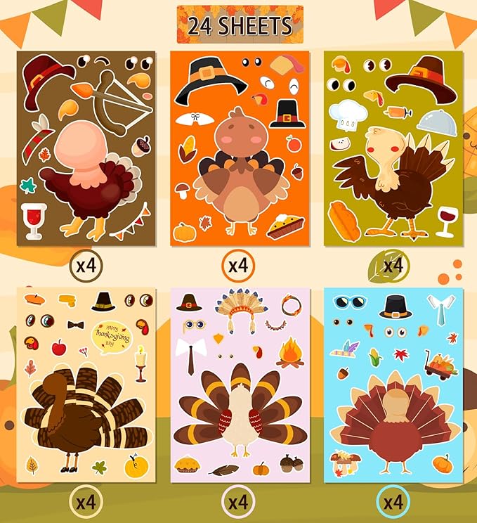 Thanksgiving Stickers for Kids, DIY Crafts Stickers for Kids, Make a Turkey Face Sticker, Thanksgiving Games Activities Decorations Party Supplies(24 Sheets)