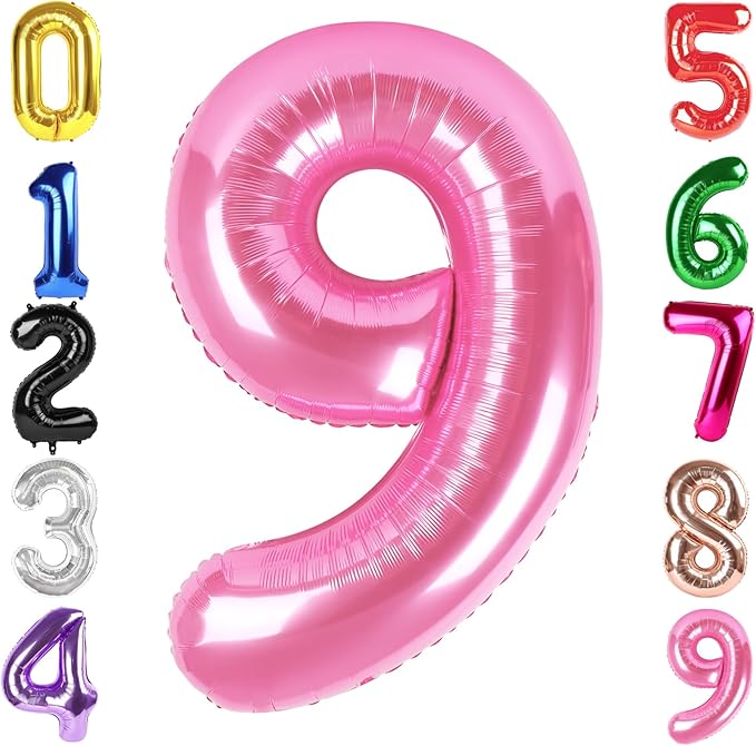 40 Inch Pink Number 9 Balloon, Giant 9 Number Balloons for 9th Birthday Decorations, Party Supplies for Baby Boy Girl, Pink Party Decor