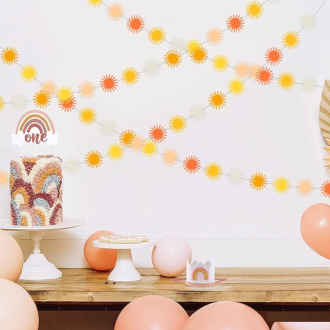 Boho Sun Garland Felt Artificial First Trip Around The Sun String Banner Hippie Boho Muted Sunrise Party Supplies Aesthetic Indoor Outdoor Party Decoration for Baby Shower Wedding, 4Pcs