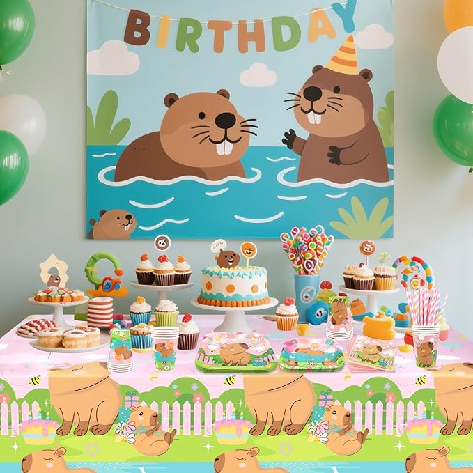 Pink Capybara Party Decoration - Capybara Birthday Party Tableware Supplies Includes Plates, Cups, Napkins, Tablecloth, Straws (40)