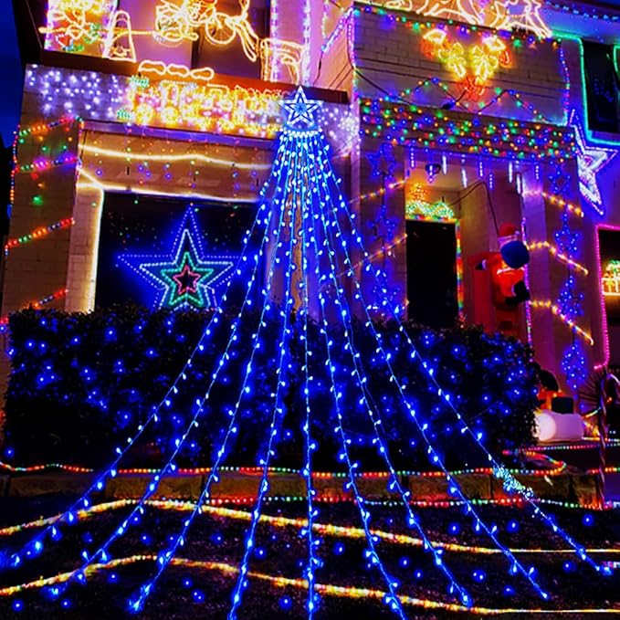 Aokudoni Christmas Decorations: 12.6 FT 350 LED Waterfall Lights 8 Modes Outdoor Christmas Lights for Xmas Tree House Yard Porch Patio Garden Decor, Blue