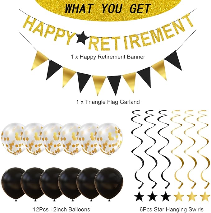 Happy Retirement Party Decorations - Banner, Triangle Flag Garland, Star Hanging Swirls and Balloons