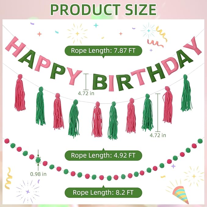 Pre-Strung Happy Birthday Banner Pink and Green Party Decorations Felt Ball Garland Sign for Witch Theme Birthday Party Décor