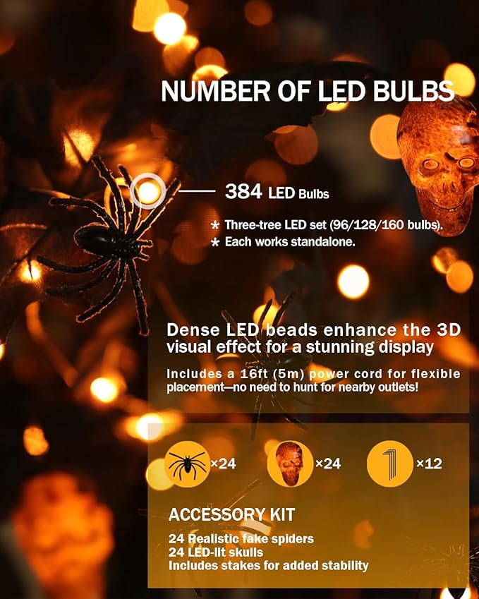 Halloween Decor Set – 4ft, 5ft & 6ft Black Maple Trees with 384 LED Lights, 24 Skull Lights & Spiders, Dimmable Timer, 16ft Cord, Indoor & Outdoor Decoration