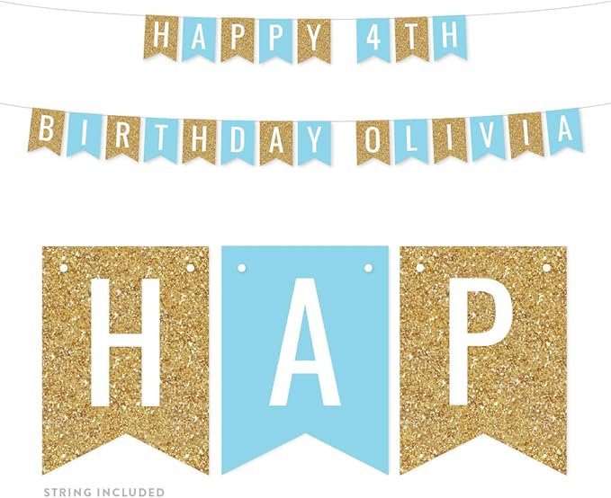 Andaz Press Personalized Hanging Pennant Banner Party Decorations, Gold Glitter, Baby Blue, Happy 4th Birthday Olivia, 1-Pack, Approx. 5-Feet, Custom Name and Number