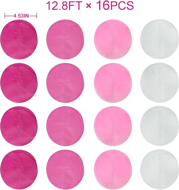 205Ft Hot Pink Party Decorations Big Polka Dots Backdrop Garland Rose Pink Circle Dots Tissue Paper Hanging Curtain Streamer for Bachelorette Birthday Bridal Shower Wedding Engagement Party Supplies