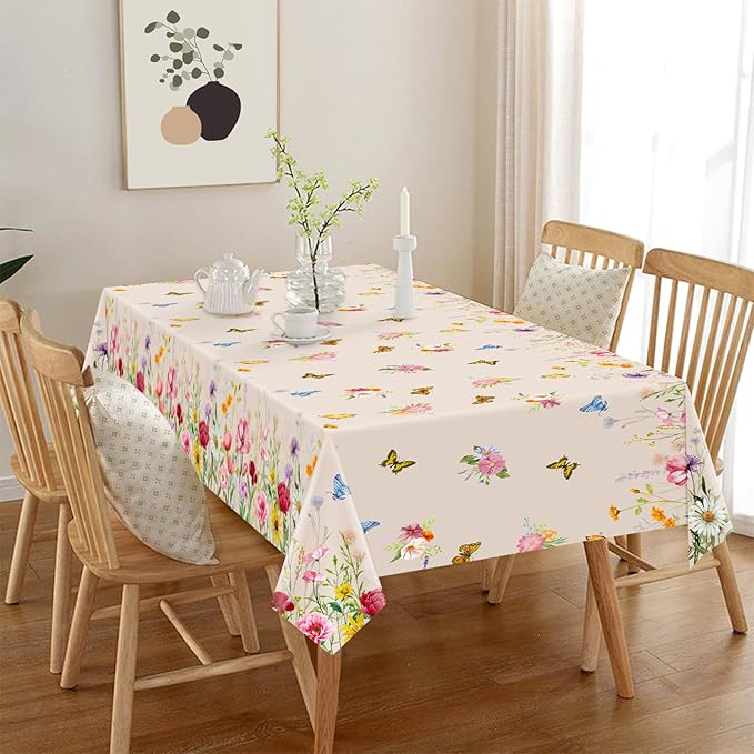 2 Pack Summer Floral Tablecloth Butterfly Wildflower Plastic Disposable Large Rectangular Table Cloth for Summer Picnic Dining Holiday Birthday Wildflower Party Decorations (54 x 108 Inch)