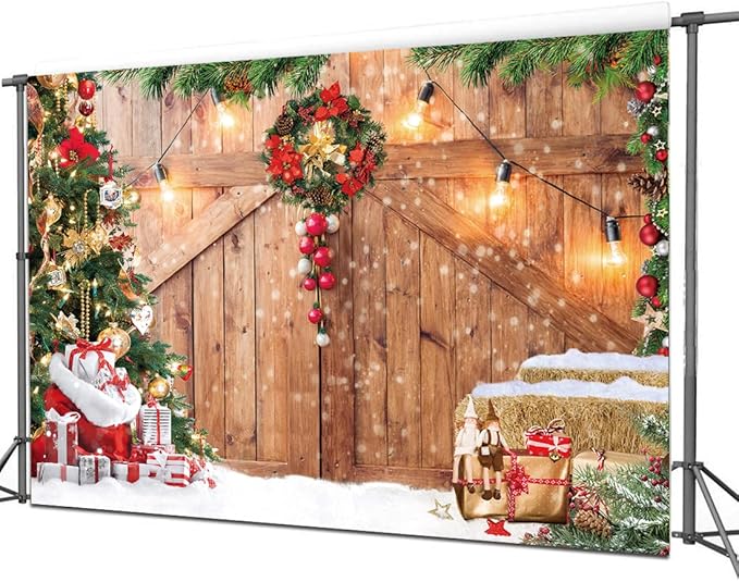 CYLYH 12x10FT Christmas Barn Wood Door Photography Backdrop Xmas Tree Snow Gift Wall Floor Party Photo Background for Holiday New Year Party Banner Family Holiday Party Supplies D554