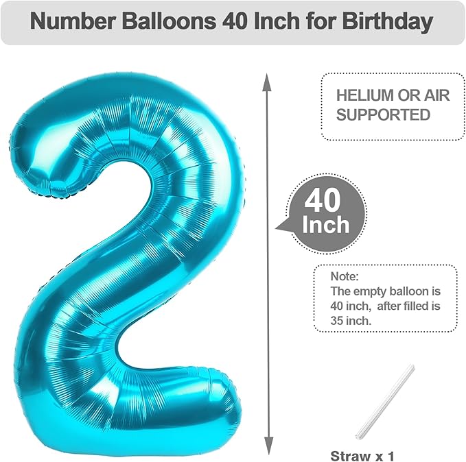 40 Inch Number 2 Balloon, Light Blue Balloons for Birthday Party Decoration, Foil Number 2 Ballon for 2, 12, 20, 22, 2026 Celebration, Graduation, Birthday, Baby Shower, Anniversary Decor