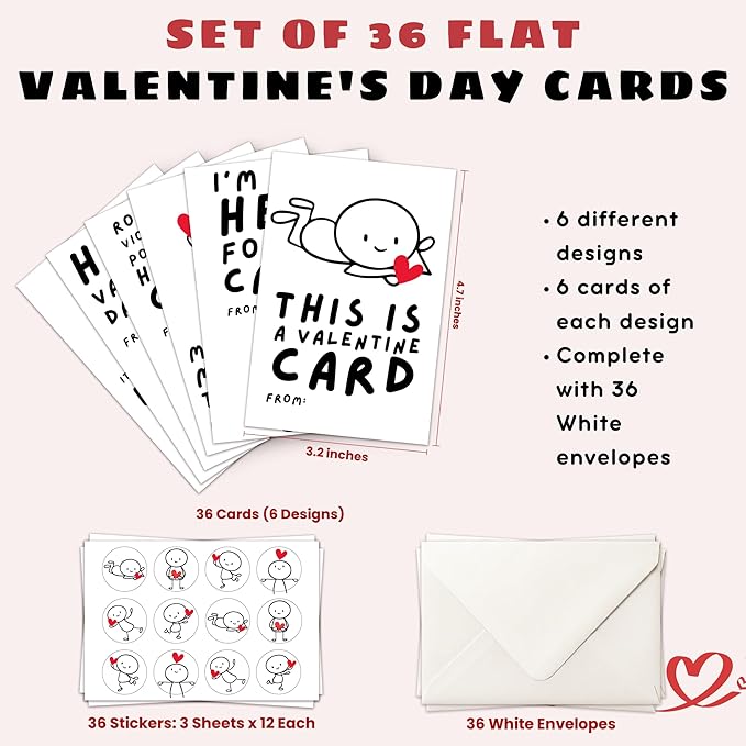 Pawzity 36 Packs Valentines Day Cards for Kids - Funny Valentines Day Card for Kids Classroom School Party Favors, Toddlers, Boys - 3.2''x 4.7'' Humorous Stick Cards with Envelopes & Stickers