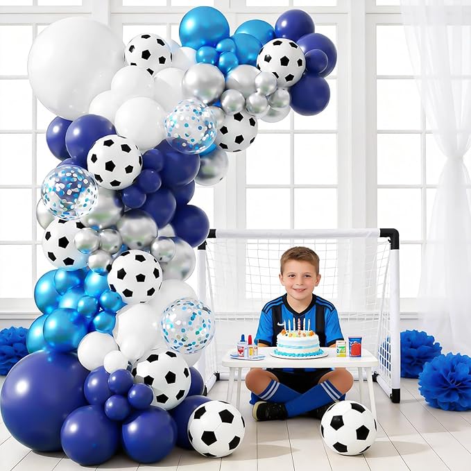 Soccer Balloon Arch Garland Kit, Soccer Party Decorations Blue White Silver Balloons Garland with Soccer Print Balloons for Kids Boys Men Sports Theme Birthday Party Decorations