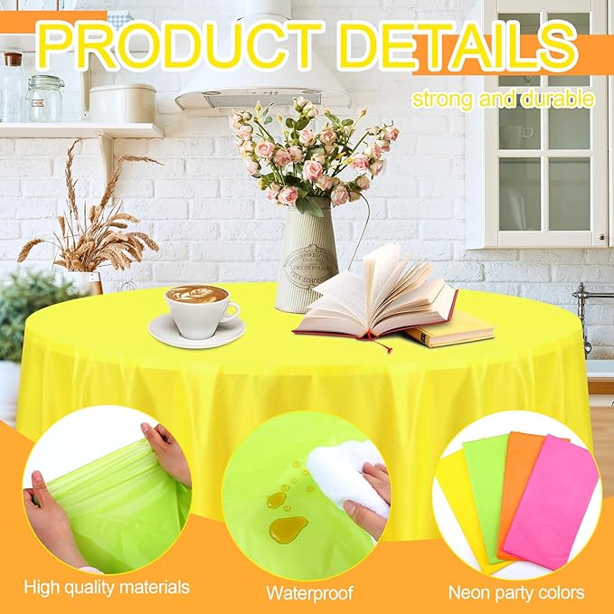 Preboun 84 Inch Large Neon Tablecloth Disposable Plastic Round Party Table Cover Decor Assorted Color Tablecloth Circle Table Cover for Wedding Birthday Picnic Tea Party Decor(Vivid Color,4 Pack)