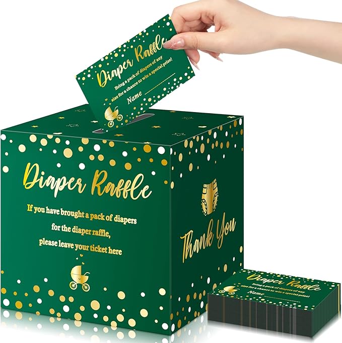 Funrous 51 Diaper Raffle Tickets with Box for Baby Shower Game Invitations Diaper Raffle Card for Gender Reveal Baby Shower Party Decoration Table Centerpiece(Green, Gold)